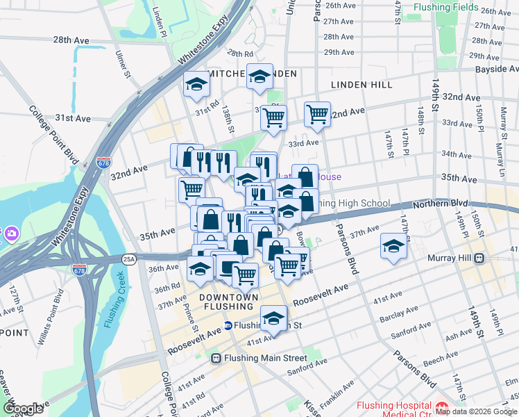 map of restaurants, bars, coffee shops, grocery stores, and more near in Queens