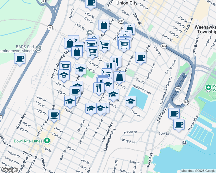 map of restaurants, bars, coffee shops, grocery stores, and more near 2025 Bergenline Avenue in Union City