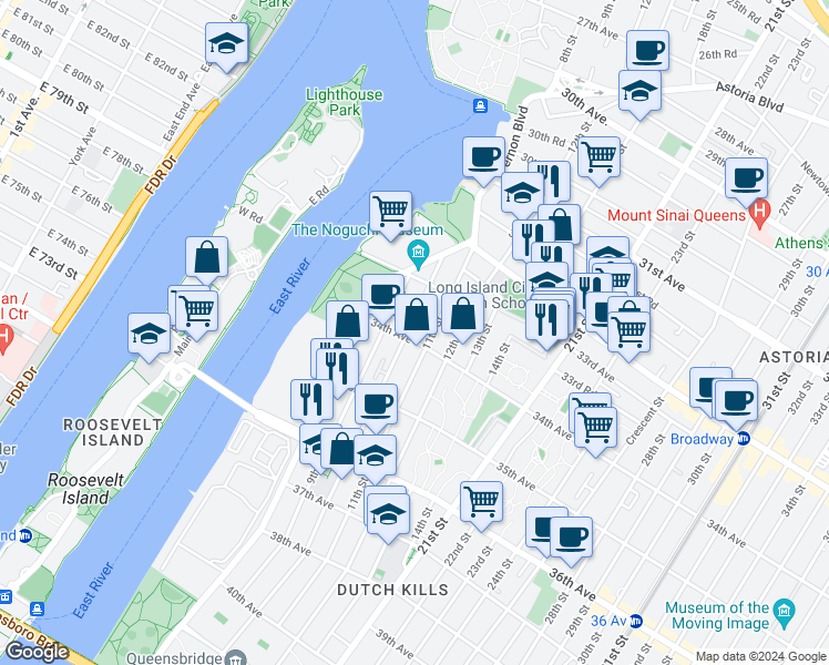 map of restaurants, bars, coffee shops, grocery stores, and more near 33-89 10th Street in Queens