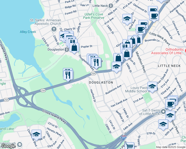 map of restaurants, bars, coffee shops, grocery stores, and more near 242-1 Northern Boulevard in Queens