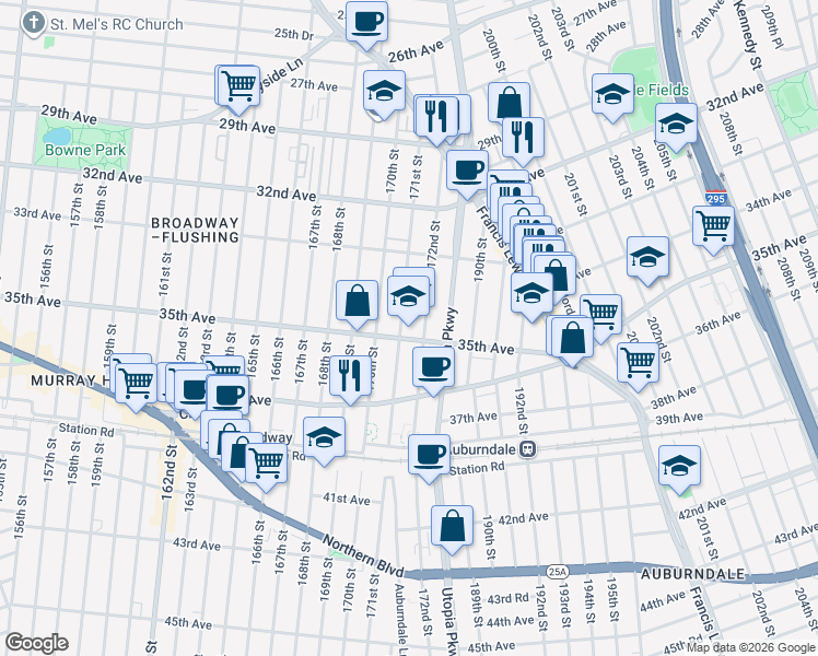 map of restaurants, bars, coffee shops, grocery stores, and more near 171-11 35th Avenue in Queens