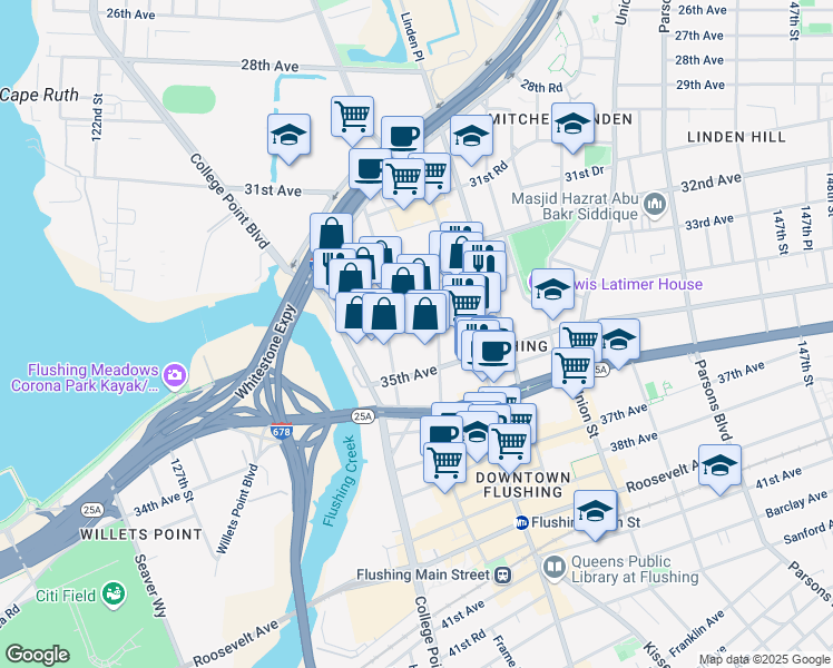 map of restaurants, bars, coffee shops, grocery stores, and more near 132-70 34th Avenue in Queens