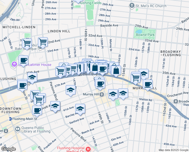 map of restaurants, bars, coffee shops, grocery stores, and more near 35-35 149th Place in Queens