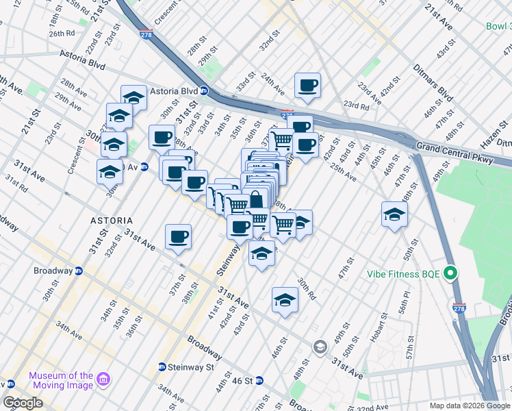 map of restaurants, bars, coffee shops, grocery stores, and more near 25-98 Steinway Street in Queens