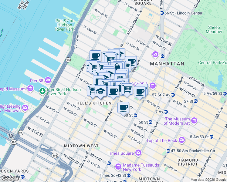 map of restaurants, bars, coffee shops, grocery stores, and more near 417 West 52nd Street in New York