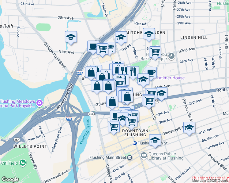 map of restaurants, bars, coffee shops, grocery stores, and more near 33-37 Prince Street in Queens