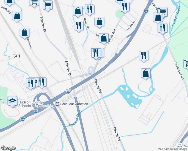 map of restaurants, bars, coffee shops, grocery stores, and more near 401 County Road in Secaucus