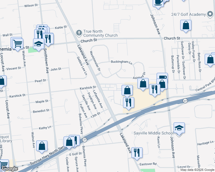 map of restaurants, bars, coffee shops, grocery stores, and more near 725 Greenbriar Drive in Bohemia