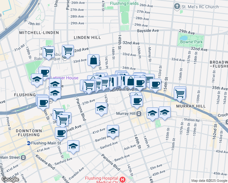 map of restaurants, bars, coffee shops, grocery stores, and more near 14720 Northern Boulevard in Queens