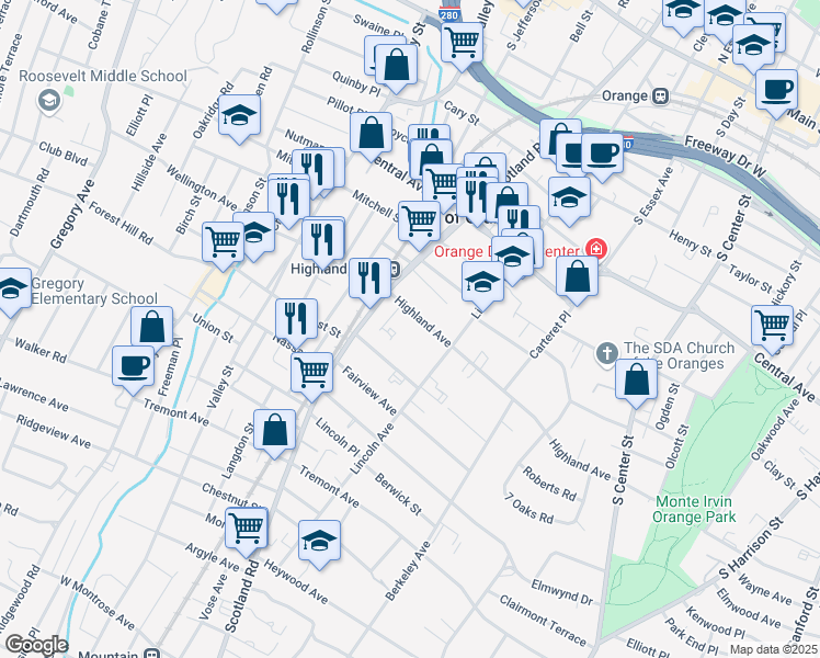 map of restaurants, bars, coffee shops, grocery stores, and more near 466 Highland Avenue in City of Orange