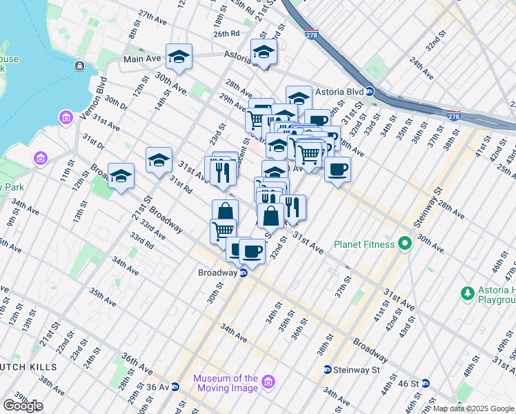 map of restaurants, bars, coffee shops, grocery stores, and more near 30-83 29th Street in Queens