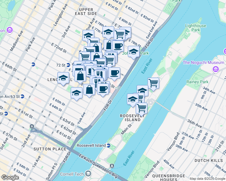 map of restaurants, bars, coffee shops, grocery stores, and more near 535 East 70th Street in New York