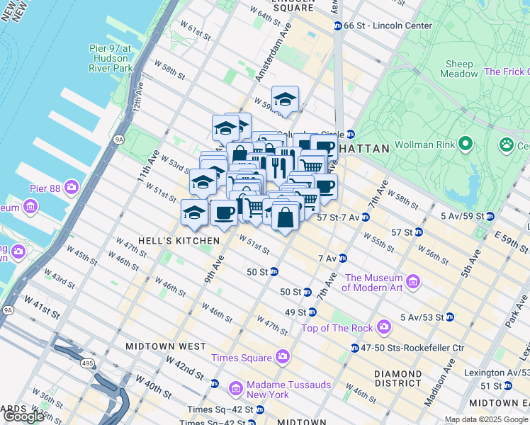 map of restaurants, bars, coffee shops, grocery stores, and more near 345 West 53rd Street in New York