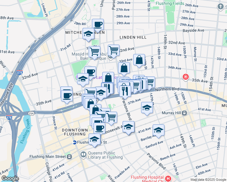 map of restaurants, bars, coffee shops, grocery stores, and more near 35-6 Parsons Boulevard in Queens