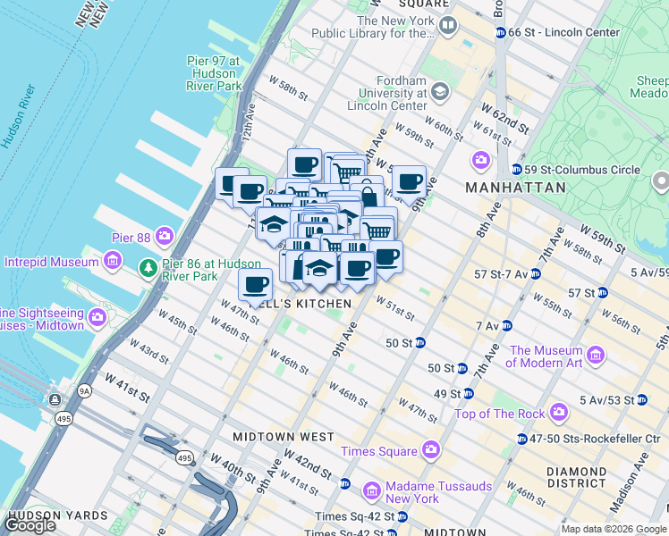 map of restaurants, bars, coffee shops, grocery stores, and more near 449 West 51st Street in New York