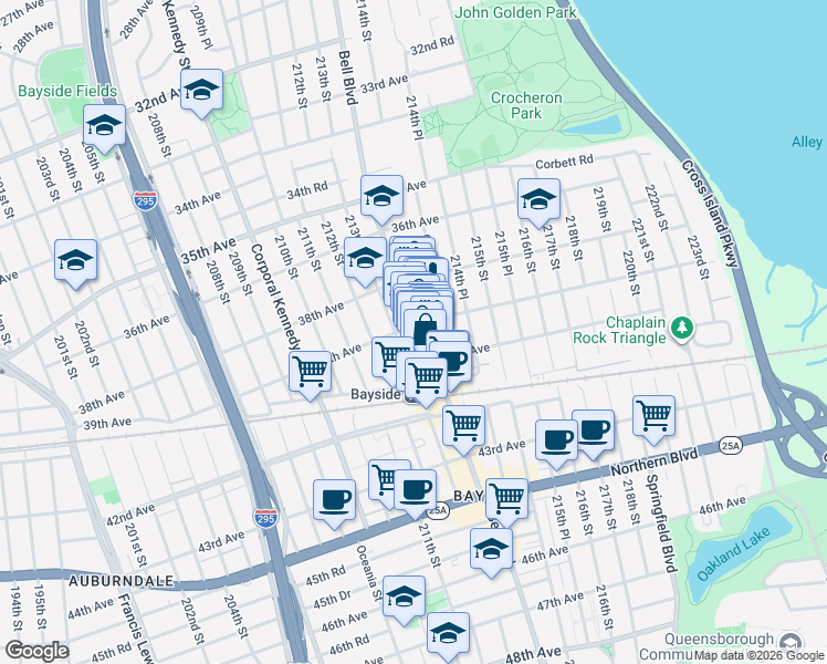 map of restaurants, bars, coffee shops, grocery stores, and more near 213-37 39th Avenue in Queens