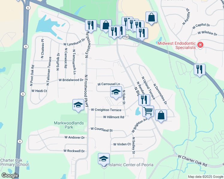 map of restaurants, bars, coffee shops, grocery stores, and more near 4116 West Carrousel Lane in Peoria