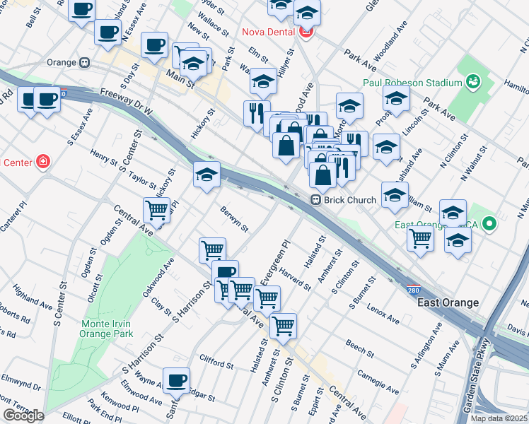 map of restaurants, bars, coffee shops, grocery stores, and more near 65 South Harrison Street in East Orange
