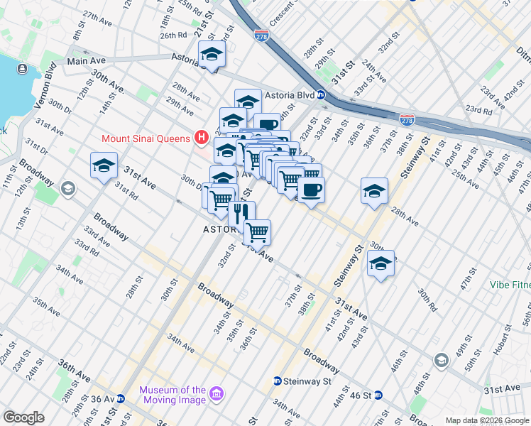 map of restaurants, bars, coffee shops, grocery stores, and more near 30-40 32nd Street in Queens