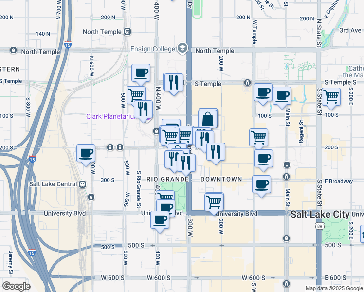 map of restaurants, bars, coffee shops, grocery stores, and more near 316 West 200 South in Salt Lake City