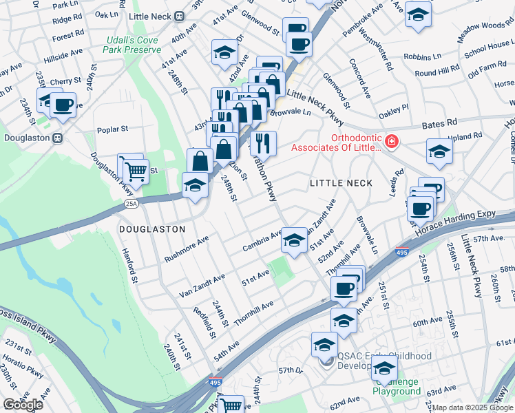 map of restaurants, bars, coffee shops, grocery stores, and more near 248-30 Thebes Avenue in Queens