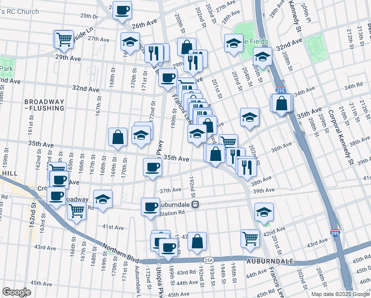map of restaurants, bars, coffee shops, grocery stores, and more near 46 191st Street in Queens