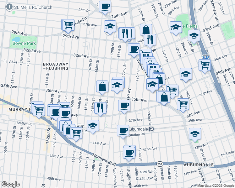 map of restaurants, bars, coffee shops, grocery stores, and more near 33-65 172nd Street in Queens