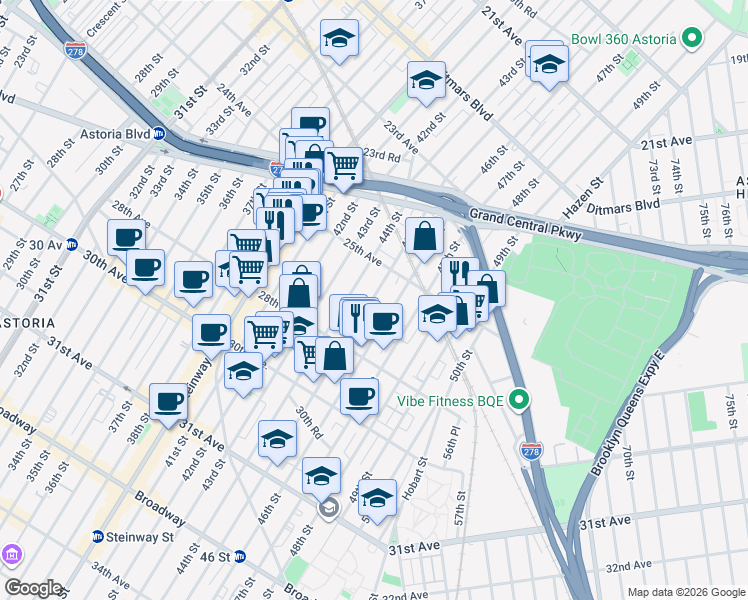 map of restaurants, bars, coffee shops, grocery stores, and more near 25-19 45th Street in Queens