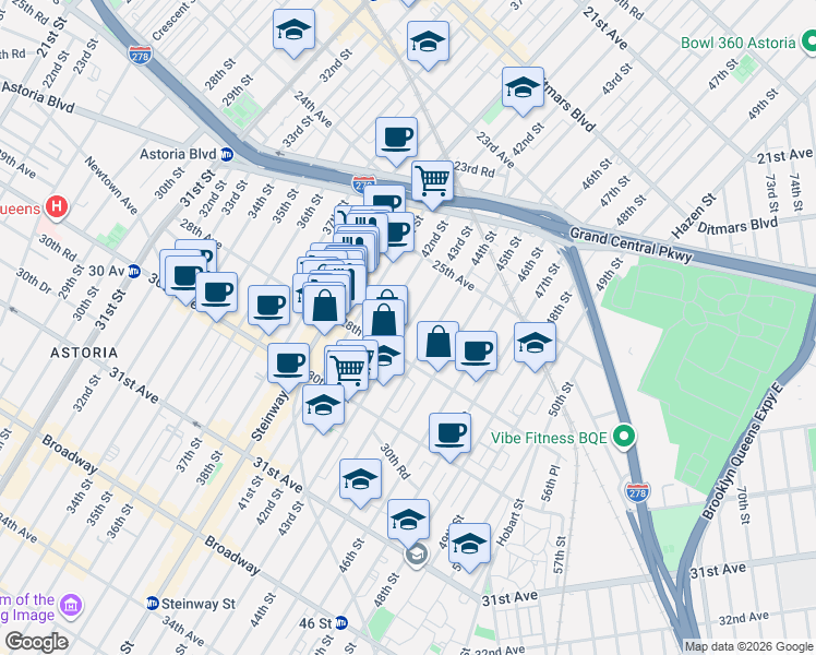 map of restaurants, bars, coffee shops, grocery stores, and more near 25-63 42nd Street in Queens