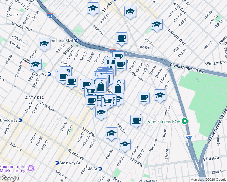 map of restaurants, bars, coffee shops, grocery stores, and more near 25-95 Steinway Street in Queens