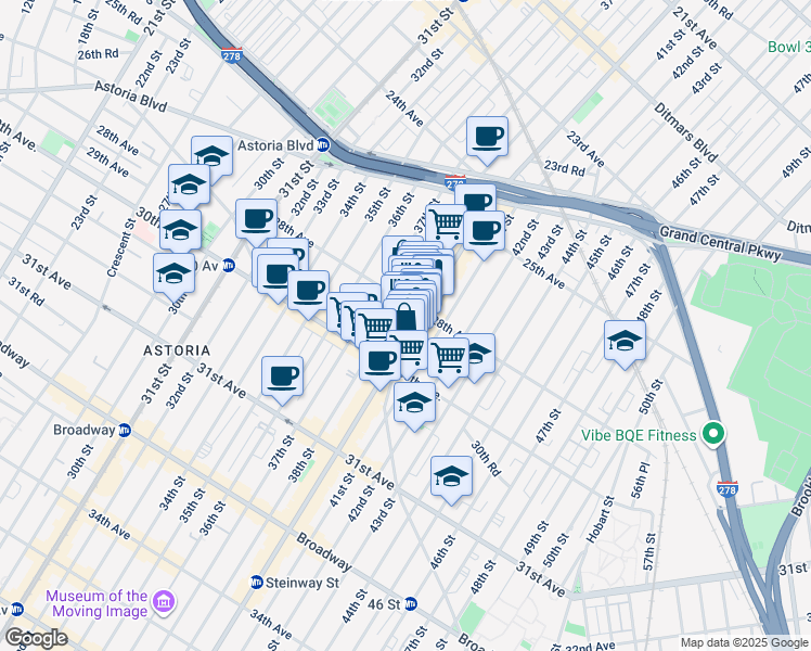 map of restaurants, bars, coffee shops, grocery stores, and more near in Queens