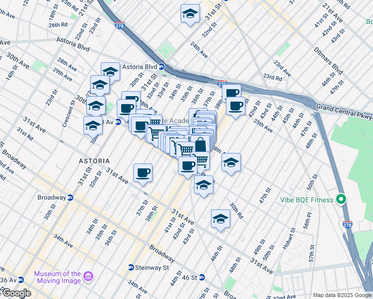map of restaurants, bars, coffee shops, grocery stores, and more near 28-21 37th Street in Queens