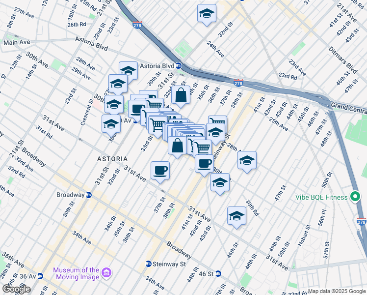 map of restaurants, bars, coffee shops, grocery stores, and more near 28-51 36th Street in Queens