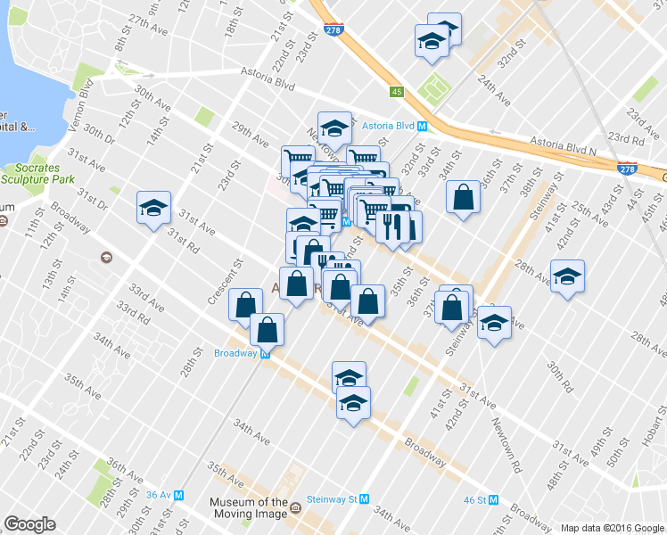 map of restaurants, bars, coffee shops, grocery stores, and more near 30-40 32nd Street in Queens