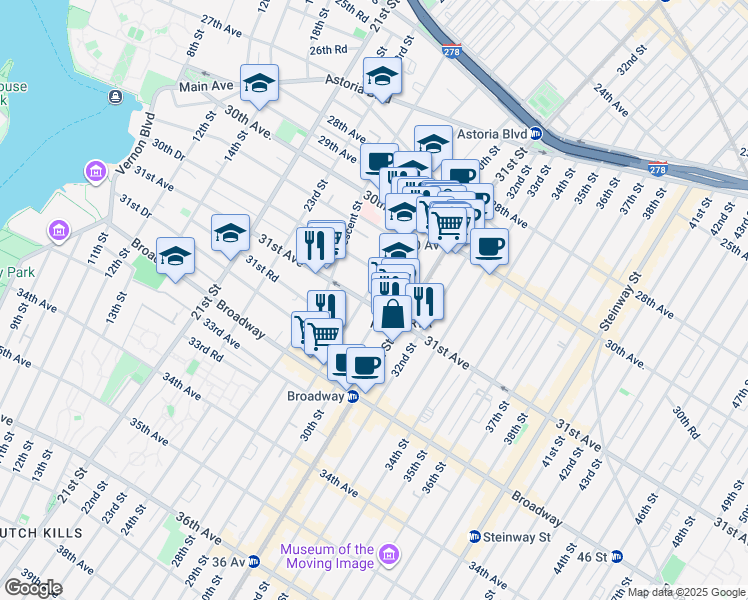 map of restaurants, bars, coffee shops, grocery stores, and more near 30-83 29th Street in Queens