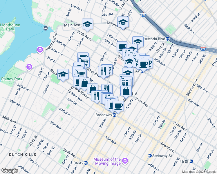 map of restaurants, bars, coffee shops, grocery stores, and more near in Queens
