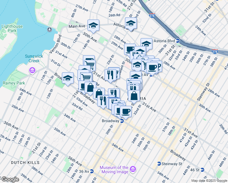map of restaurants, bars, coffee shops, grocery stores, and more near in Queens