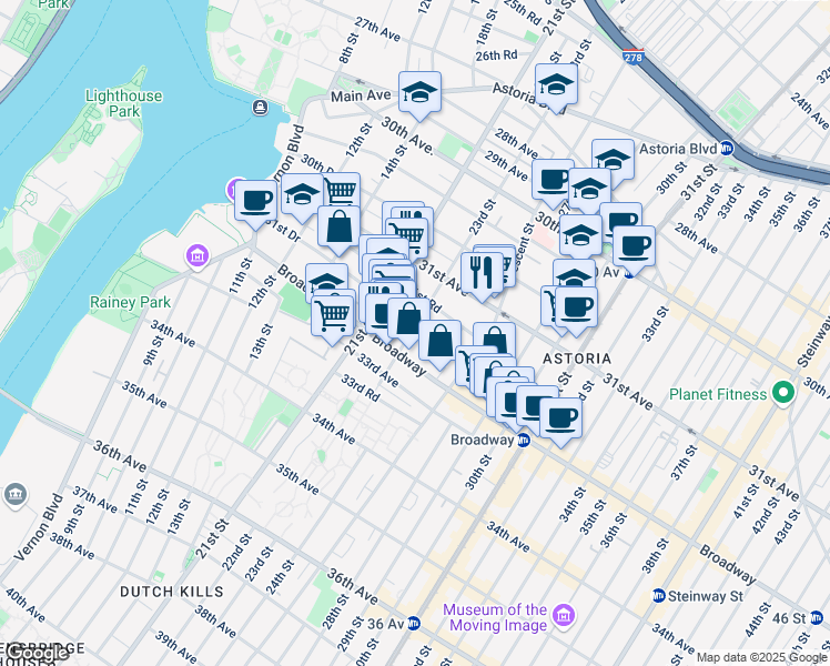 map of restaurants, bars, coffee shops, grocery stores, and more near 31-41 23rd Street in Queens