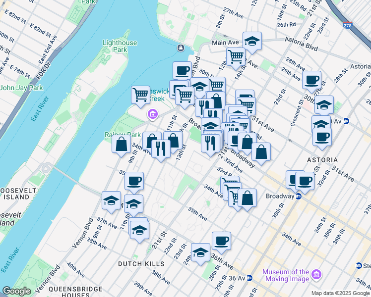 map of restaurants, bars, coffee shops, grocery stores, and more near 13-04 33rd Avenue in Queens