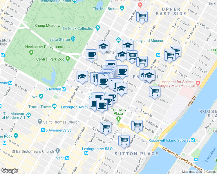 map of restaurants, bars, coffee shops, grocery stores, and more near 130 East 64th Street in New York