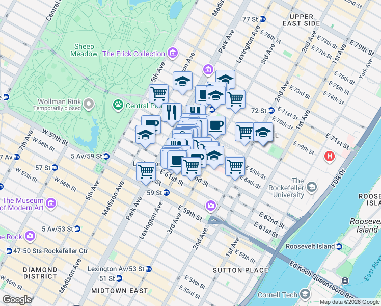 map of restaurants, bars, coffee shops, grocery stores, and more near 130 East 64th Street in New York