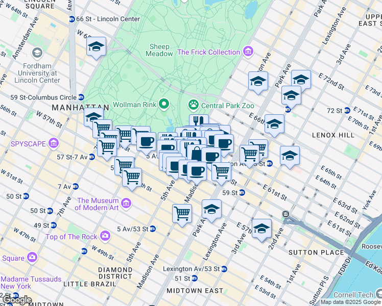 map of restaurants, bars, coffee shops, grocery stores, and more near 5th Avenue in New York