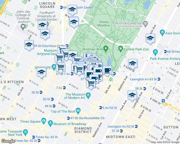 map of restaurants, bars, coffee shops, grocery stores, and more near 105 West 58th Street in New York