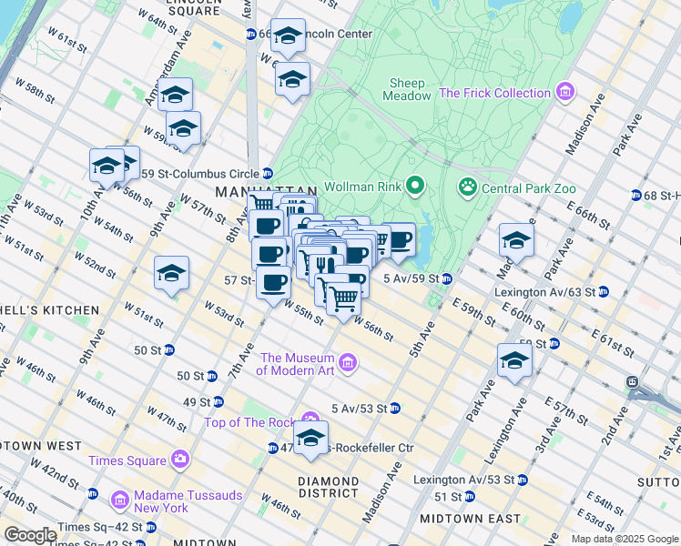 map of restaurants, bars, coffee shops, grocery stores, and more near 150 West 58th Street in New York