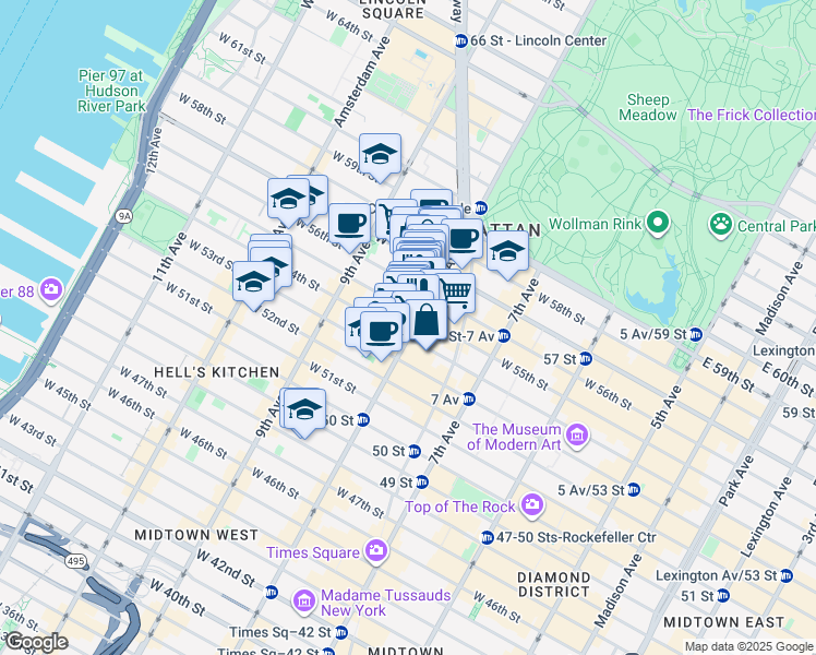 map of restaurants, bars, coffee shops, grocery stores, and more near 304 West 55th Street in New York