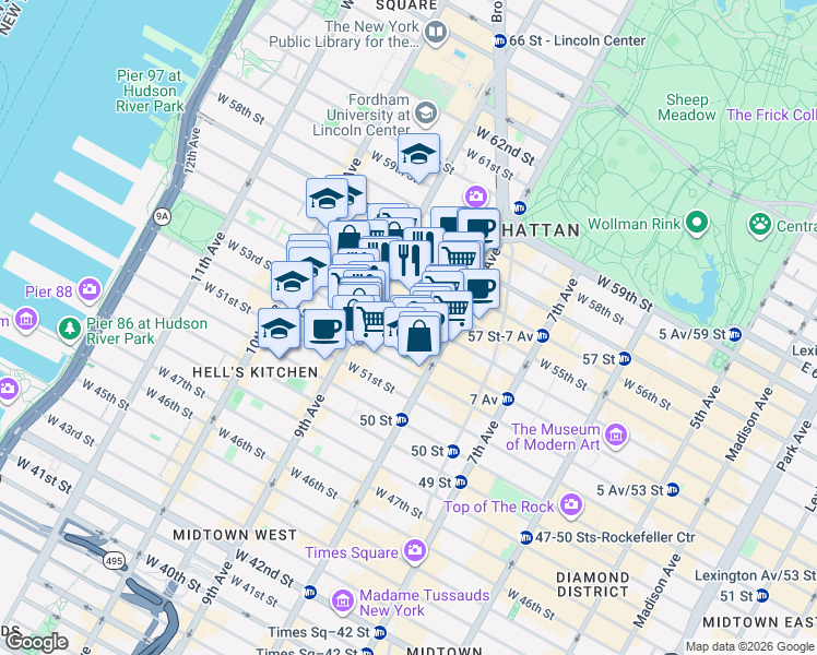 map of restaurants, bars, coffee shops, grocery stores, and more near in New York