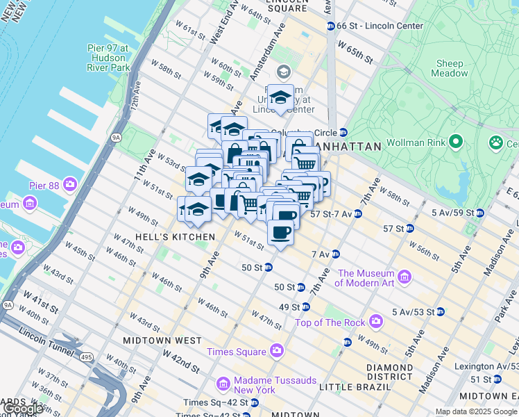 map of restaurants, bars, coffee shops, grocery stores, and more near 345 West 53rd Street in New York