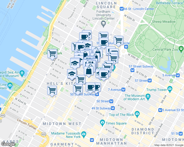 map of restaurants, bars, coffee shops, grocery stores, and more near in New York