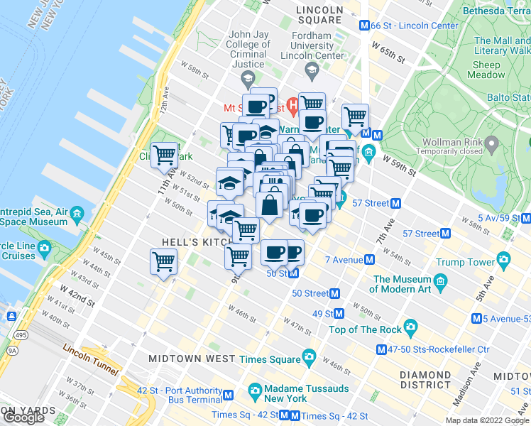 map of restaurants, bars, coffee shops, grocery stores, and more near in New York