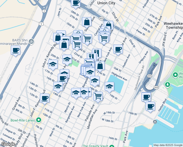 map of restaurants, bars, coffee shops, grocery stores, and more near 2025 Bergenline Avenue in Union City